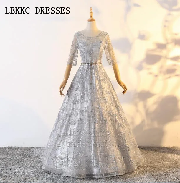 Fast Delivery Sliver Champagne Sequin Evening Dresses Half Sleeves