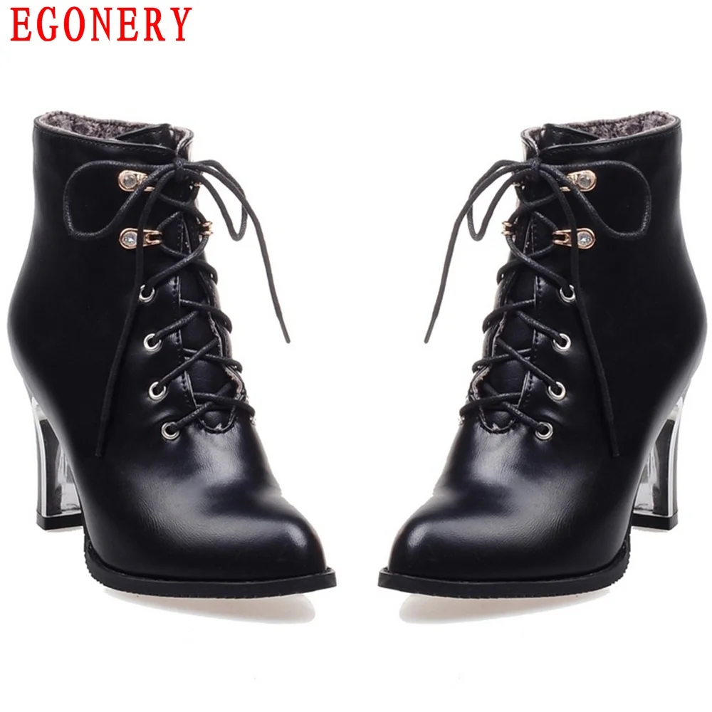 

EGONERY New Fashion Style Womens High Heels Brown Ankle Boots Lace Up Spring Autumn Shoes for Woman