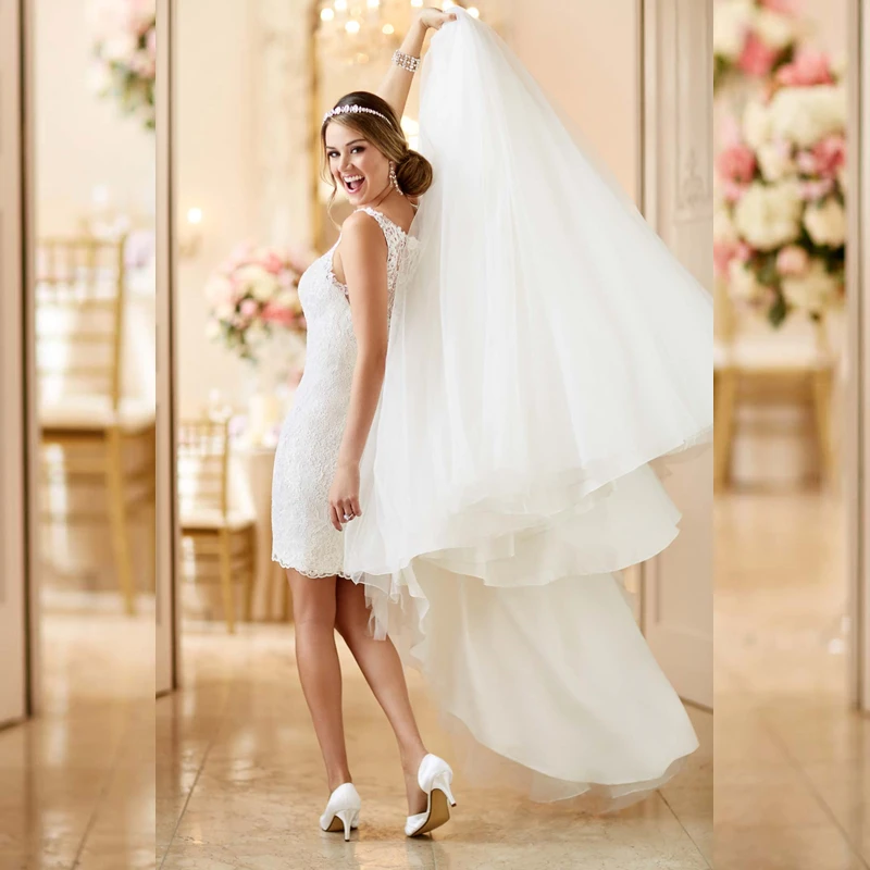 Illusion Lace Back Wedding Dresses with Detachable Skirt Two Way Long Short Factory Custom Make 2016