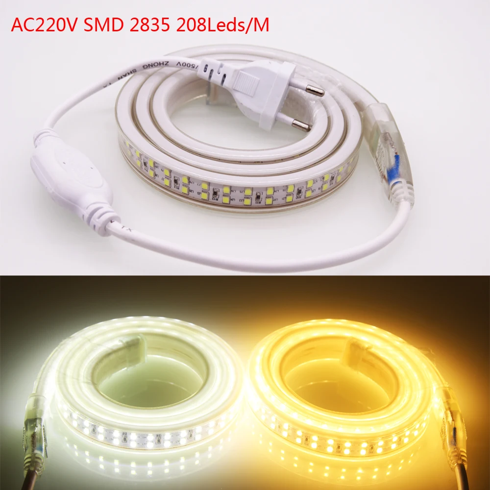 

SMD 2835 AC220V Led Strip Flexible Light 1M-25M (Optional) + EU Power Plug 208 Leds/m Waterproof Led Light Free Shipping