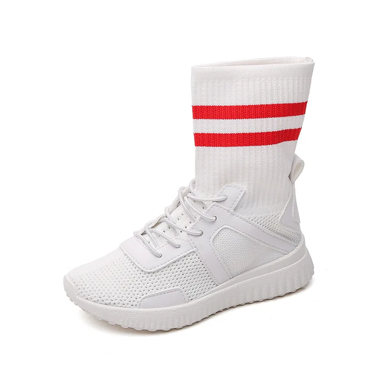 

New 2018 Autumn Shoes For Girls Knitting Socks Boots Women White Lace Up Ankle Boot High Top Children Rubber Boots toddler