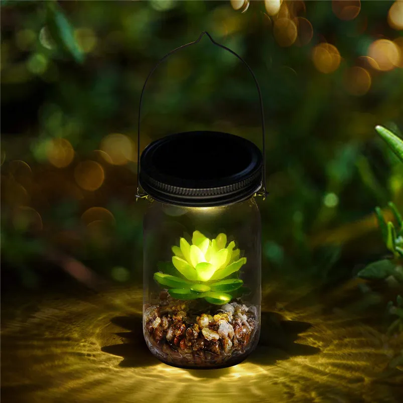 Artificial Succulents Solar Light Mason Jar Lights Bottle Nightlight Patio Outdoor Night Lamp Luces Led Decoracion 40JUL0114
