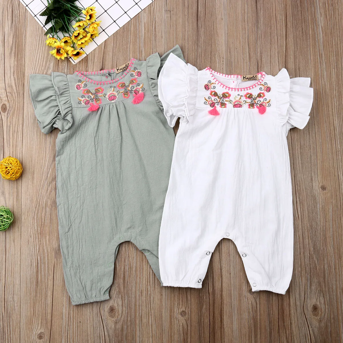 Emmababy Summer Newest Fashion Newborn Baby Girl Clothes Solid Color Fly Sleeve Ruffle Flower Romper Jumpsuit Outfit Sunsuit