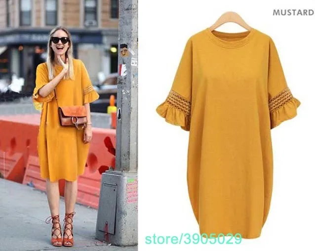 

L-5xl Vintage Hollow Out Women Clothing Summer Dress Top Big Size Loose Robe Mesh Femme Women Plus Size Mustard Dress AH266