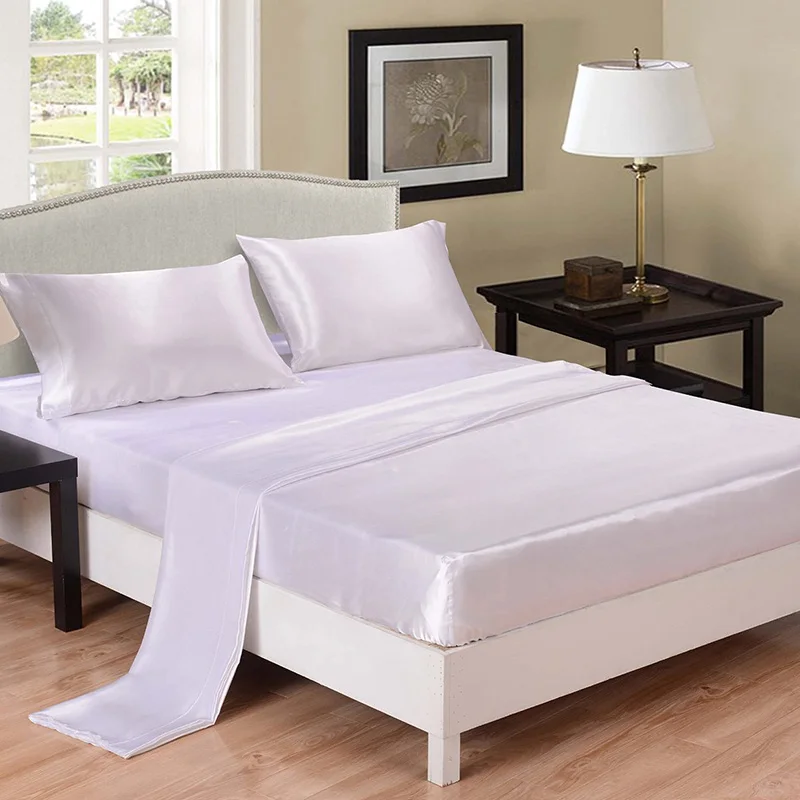 

3/4Pcs Bed Fitted Sheet Set Imitation Satin Silk Twin/Queen/King Solid Color Bedding for Home Hotel 2018ing
