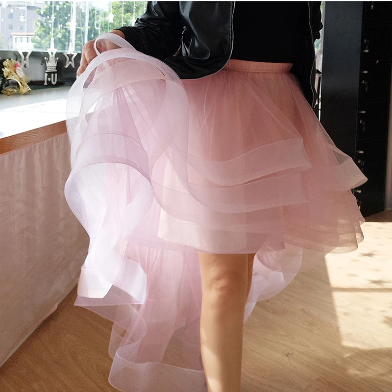 Милое розовое платье с оборками из органзы с юбки высокой и низкой посадки для красавица Многоуровневое эластичные длинные брюки со штанинами с юбка Для женщин индивидуальный заказ женский низ