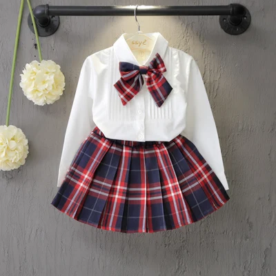 Осеннее весеннее новое стильное модное платье для маленьких девочек белая юбка топ с галстуком в клетку+ мини юбка в клетку комплект из 3 элементов одежды на возраст 3-7 лет - Цвет: Белый