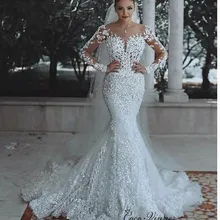 Sheer шеи качество Дубай свадебное платье Brial платье с длинным рукавом Иллюзия Кружева, вышивки бисером Свадебные платья Русалочки W0462