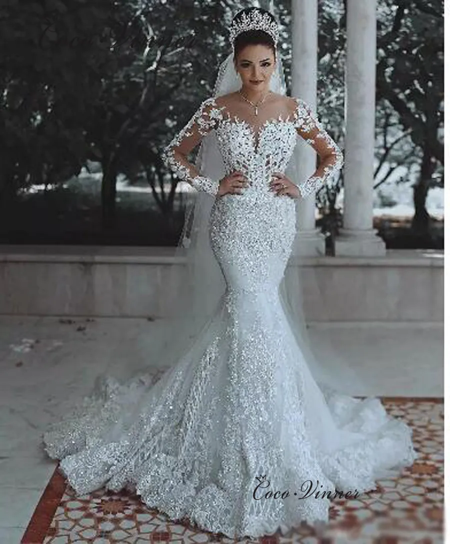 

Sheer Neck Quality Dubai Wedding Dress 2019 Brial Gown Long Sleeve Illusion Embroidery Beaded Lace Mermaid Wedding Dresses W0462