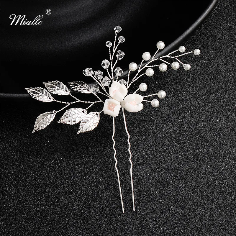 

Miallo Newest White Flower Silver Color Leaves Handmade Wedding Hairpins Bridal Hair Pins Jewelry Accessories Crystal Headpieces