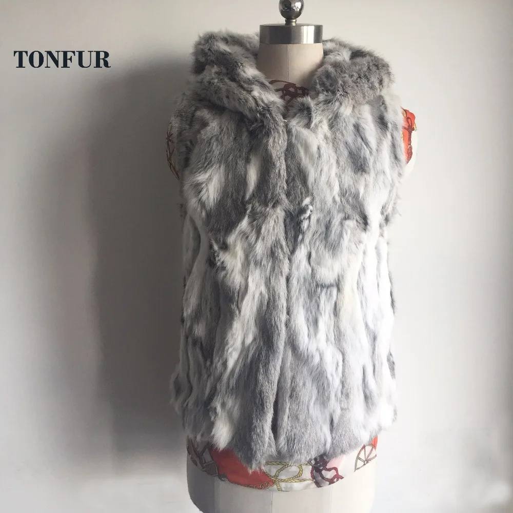 2019 100 True Natural Rabbit Fur Vest with Fur Hood Real Full Pelt
