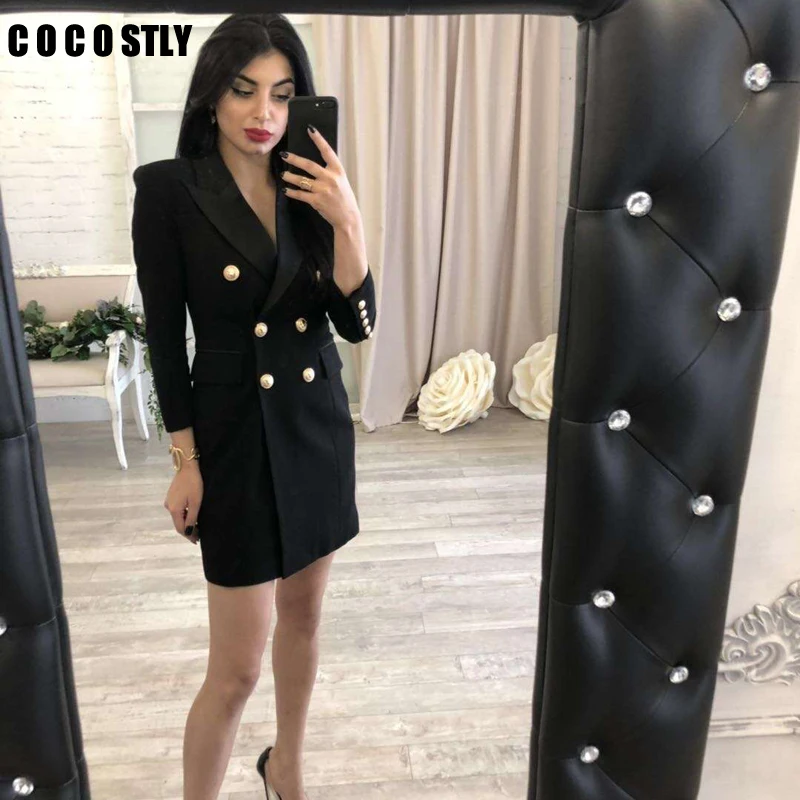 

Long blazer woman autumn 2019 new office lady elegant Solid Double Breasted blazer femmeThree Quarter black white blazer women