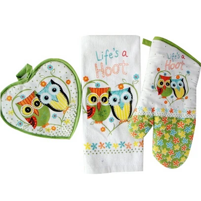 

3pcs/set Cotton Owls Oven mitt Towel insulating Mat Kitchen and Barbecue accessories "Life's a Hoot"