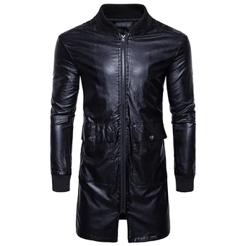 

2017 New Autumn Stand Collar Leather Jacket Men Brand Mens Jackets And Coats Long Trench Motorcycle Jacket Plus Size S-3XL