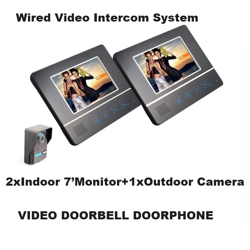 

ONE TO TWO Video Camera Doorphone Visible Doorbell 1x outdoor camera+2x indoor Touch Pad ultra-thin 7" Color LCD monitor