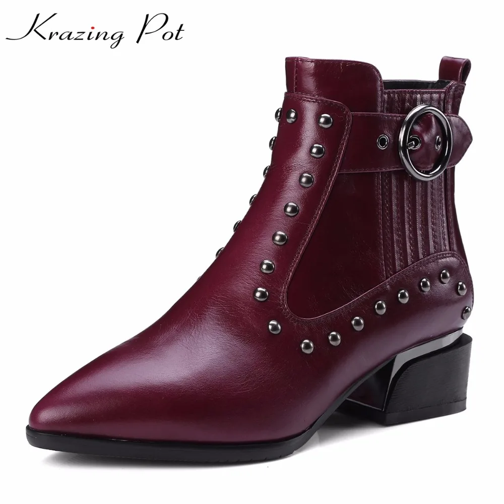 

Krazing Pot genuine leather shoes women runway handmade thick med heels buckle Chelsea boots office lady rivets ankle boots L02