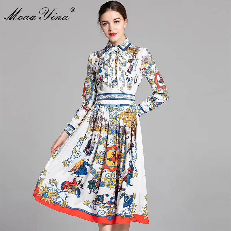 

MoaaYina Fashion Designer Runway Dress Autumn Women Long sleeve Turn-down Collar Bowknot Vintage Joy Character Print Slim Dress