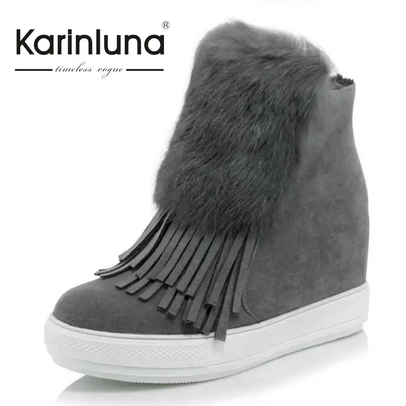 

KarinLuna Size 32-45 Cony Hair Women Ankle Fringe Boots Round Toe With Fur Platform Shoes Zip Hidden Wedge Autumn Winter Boot