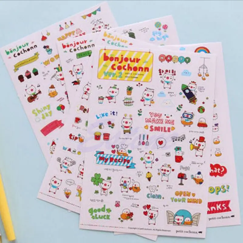 6 Sheets Kawaii Pig Transparent Stickers Scrapbook Craft Stickers Kids Toy  PN 