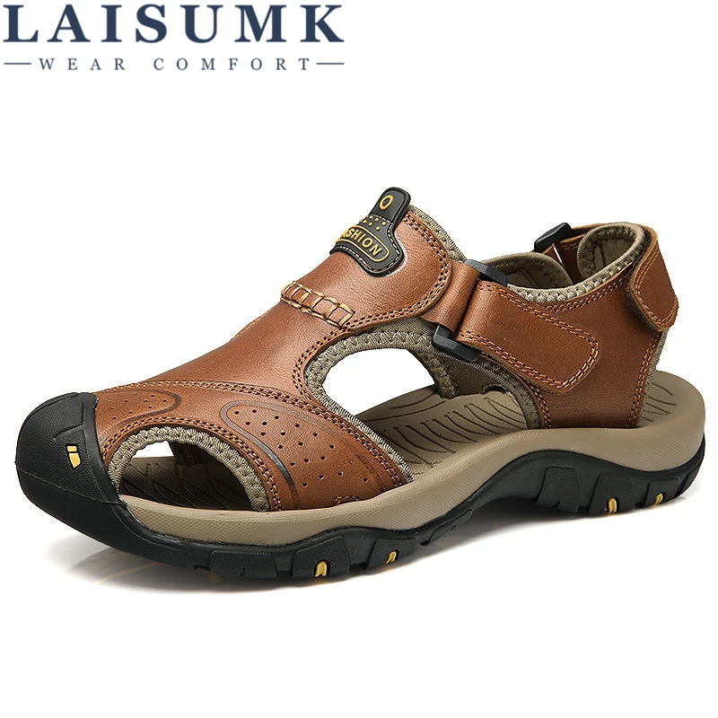 

LAISUMK Luxury Full Grain Leather Men Sandals Handmade Men Shoes Summer Soft Leather Shoes Top Quality Flats Beach Sandals