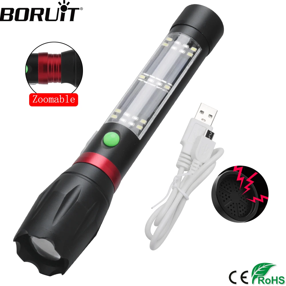 

BORUiT T6 SMD LED Solar Flashlight 7-Mode Zoom Torch Voice Alarm Lantern Usb Charger Built-in 18650 Battery Hiking Lamp