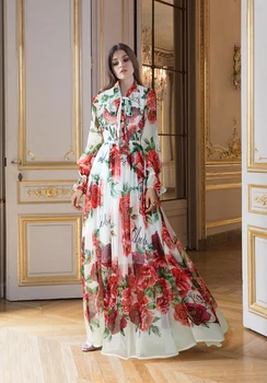 

Women rose print chiffon bohemian dress bow collar long sleeve sexy dresses new 2019 spring runway designer
