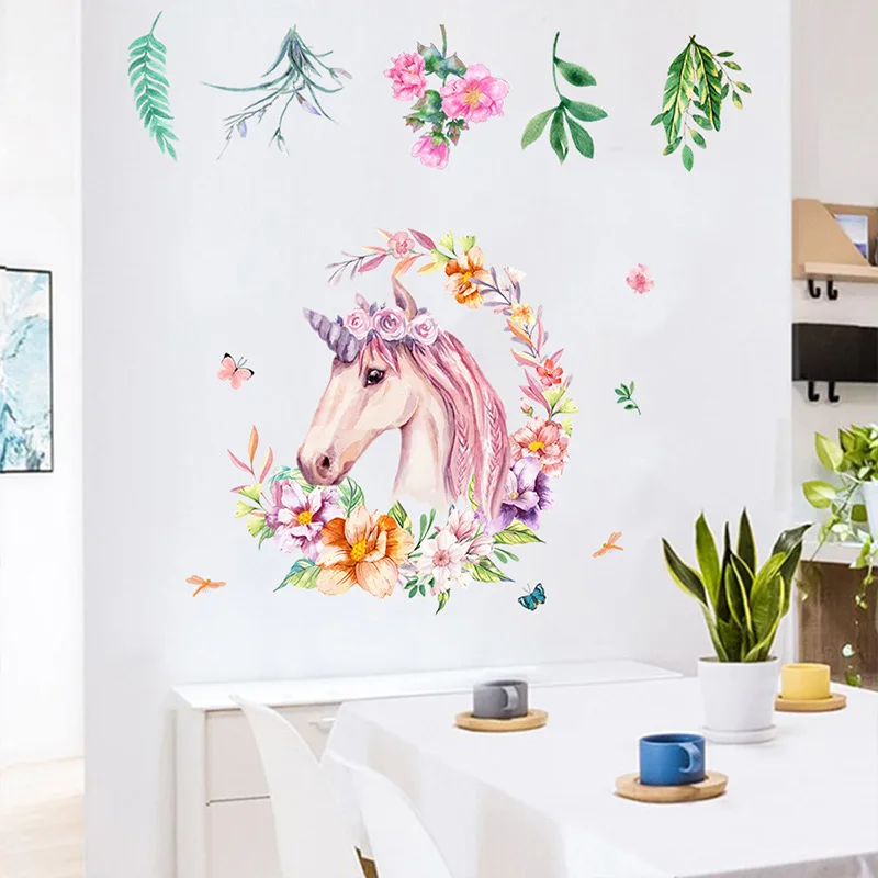 Красивые наклейки на стену в виде цветка, венка, единорога, в скандинавском стиле, с изображением лошади, животных, детская комната, для девочек, для спальни, украшение для дома - Цвет: FX64028