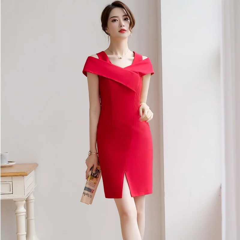 

Slim Hips Fashion Red Women 2019 Summer Dress For Office Ladies Dresses Business Work Wear Uniforms Styles Slash Neck Vestidos