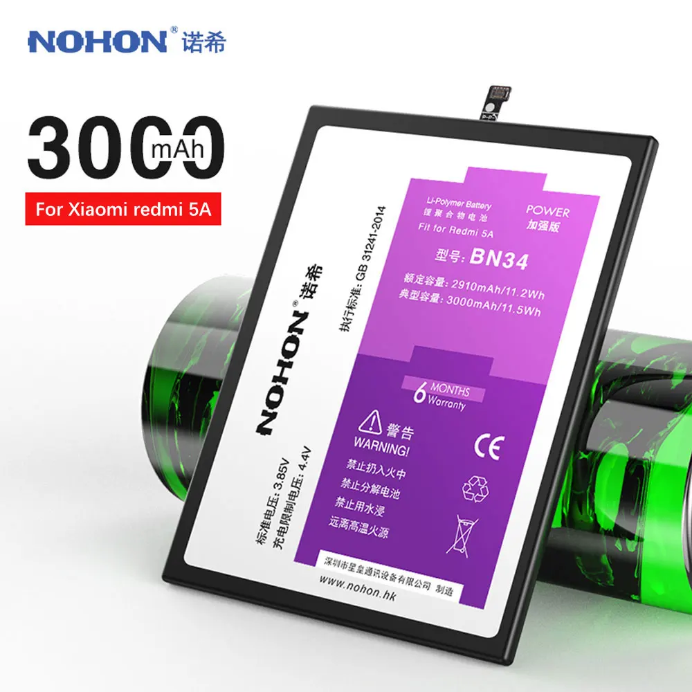 Nohon Аккумулятор для Xiaomi Redmi 5A BN34 реальная емкость 3000 mAh Мобильный телефон литий