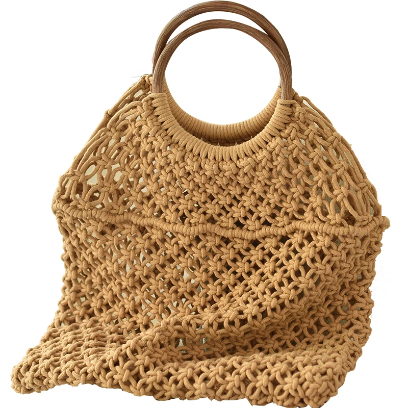 

[Telastar] Straw WeaveSummer Beach Bag Popular Woven Bag Mesh Rope Tie Round Bamboo Handle Hollow Out Bag Net Straw Bag