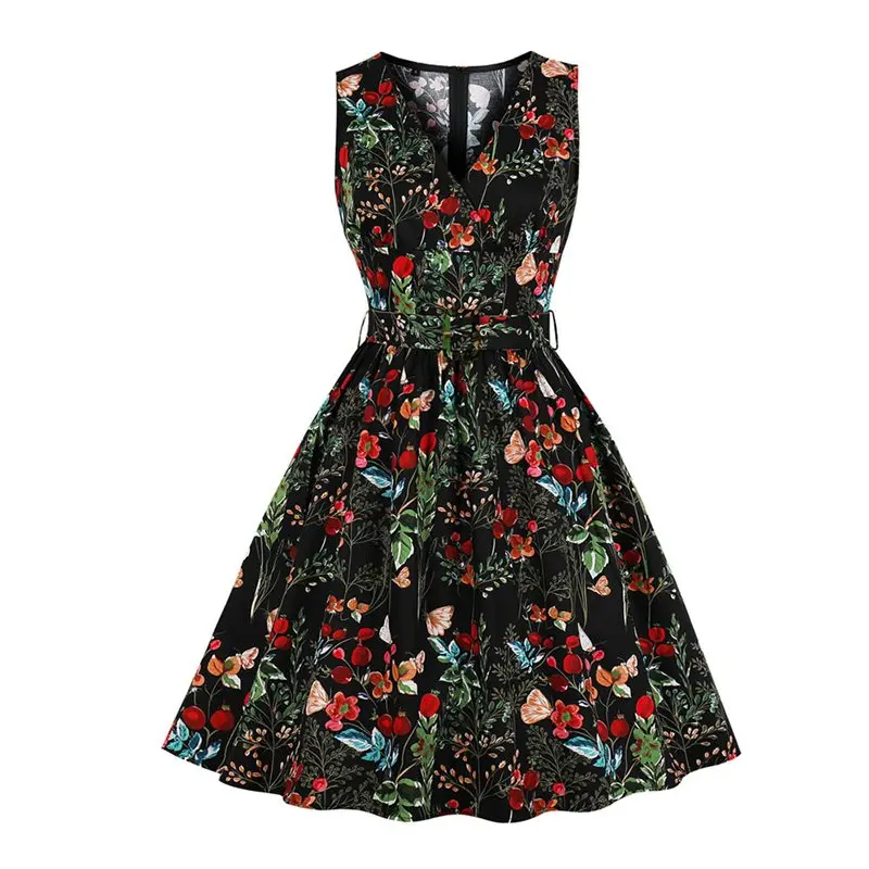 

Summer Vintage Office Lady Sexy Sweet White Plus Size Women Rockabilly Dress Floral Gothic Print Elegant Party Female Midi Dress