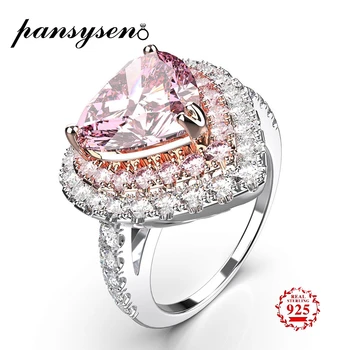 

PANSYSEN 100% Pure Original 925 Sterling Silver Fashion Jewelry Ring 2ct Heart Pink Quartz Wedding Engegement Rings for Women
