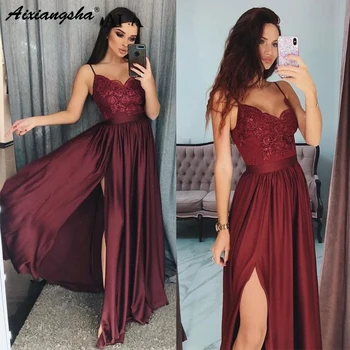 

Burgundy Prom Dress 2019 Spaghetti Straps Long V Neck Backless Sexy Evening Gown With Slit Formal Dresses robe de soiree
