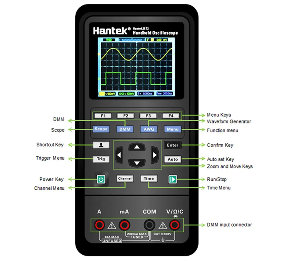 Hantek 3в1 2D72 250MSa/S цифровой осциллограф генератор сигналов мультиметр USB портативный 2 канала 40 МГц 70 МГц Многофункциональный