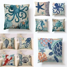 Sea Turtle Printed Starfish Cushion Cover 45x45cm Hot Linen Conch Throw Pillow Cover Decorative Red Shrimp Hippocampus Pillows