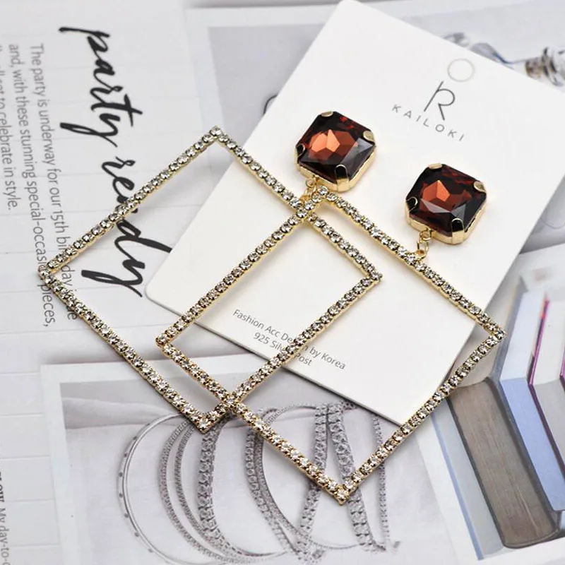 

Brand Vintage gold color Big Shiny Crystal Square Statement Dangle Earring Large Maxi Rhinestone Drop Earrings For Women Jewelry