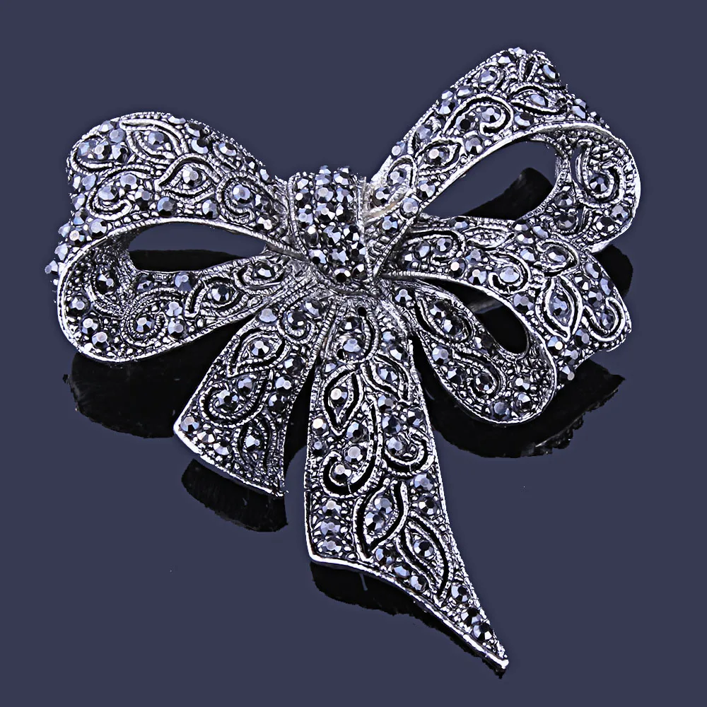 Luxury Quality Black Austria Crystal Brooch Vintage Stylish Big Bowknot