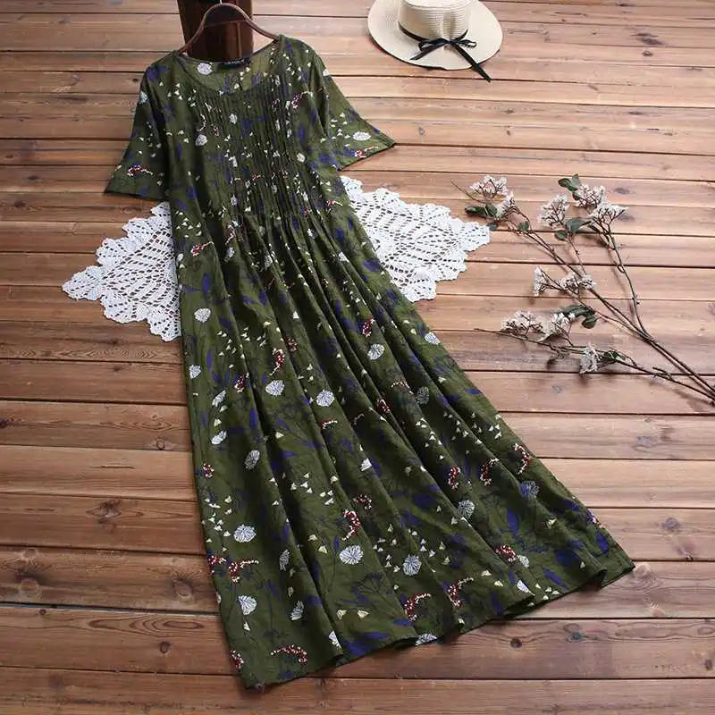 

Women Vintage O Neck Short Sleeve Floral Printed Long Dress Summer Cotton Linen Sundress Bohemian Beach Vestido Kaftan Baggy