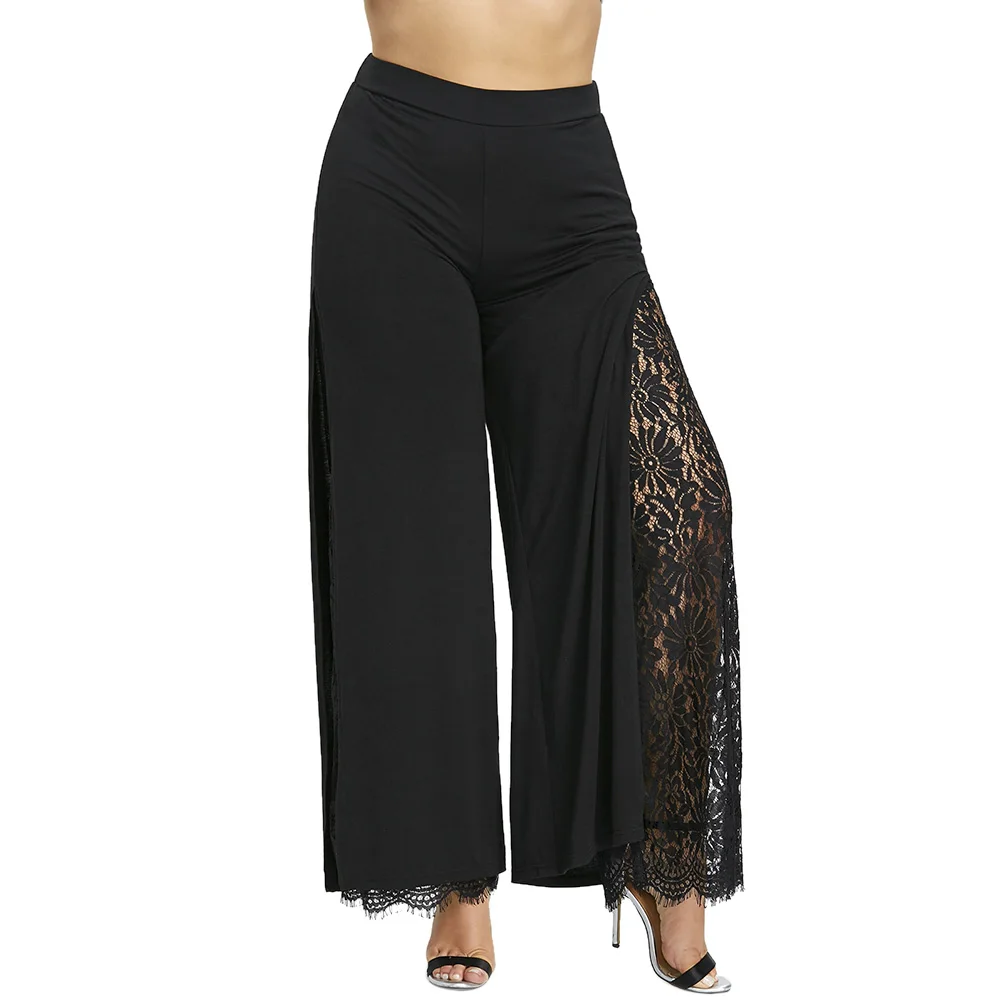 Plus Size Black Color Women Pants High Split Lace Palazzo Pants Casual ...