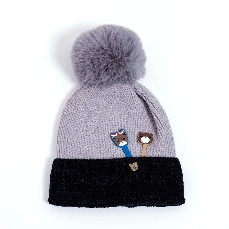 Модная шапка, новые зимние детские шапочки, вязаные теплые наушники, шапочка, шапка унисекс, шапка s для мальчиков и девочек, шапка Enfant, шапка для маленьких девочек - Цвет: Bear Gray