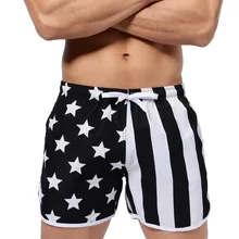 Новые мужские пляжные шорты, сексуальная одежда для плавания, плавки, принт с флагом США, купальные костюмы, мужские купальные костюмы со звездами и полосками