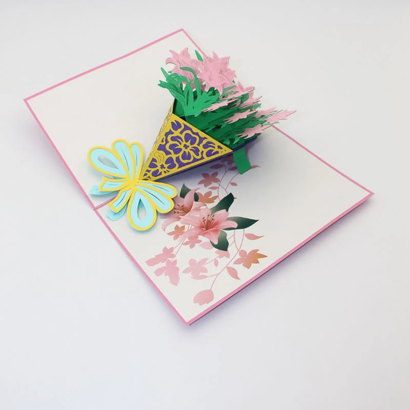  3D Laser Cut Handmade Pink Bouquet of Roses Lily Paper Invitation Greeting Cards Valentine's Day We - 32892383186