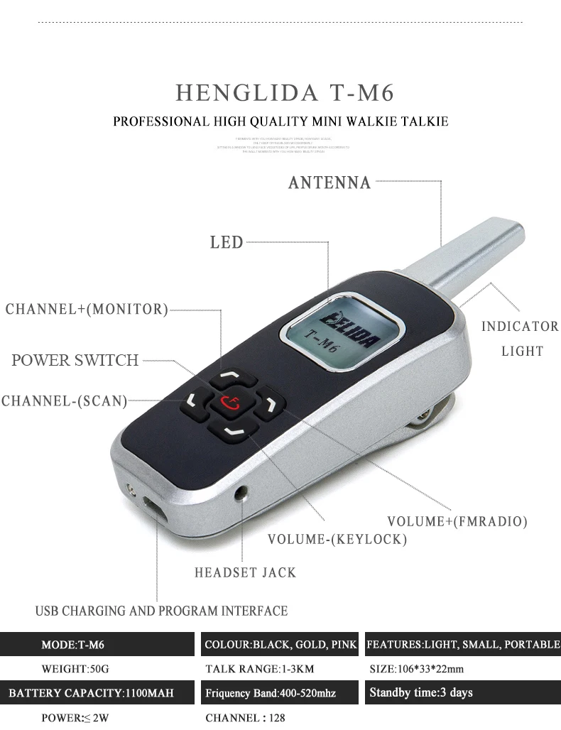 Мини-рация HENGLIDA T-M6 2 Вт UHF 400-520 МГц PMR446 VOX ЖК-Дисплей радиоприемник FM приемопередатчик двухстороннее радио