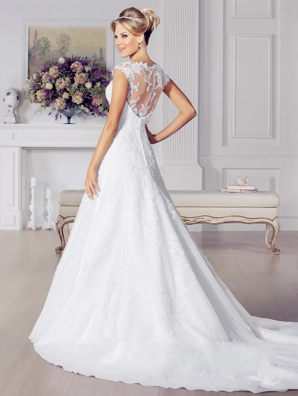 Cap рукавом see through Vestidos Де Novia 2016 Иллюзия Декольте Спинки Свадебные Платья 2017 Vestido