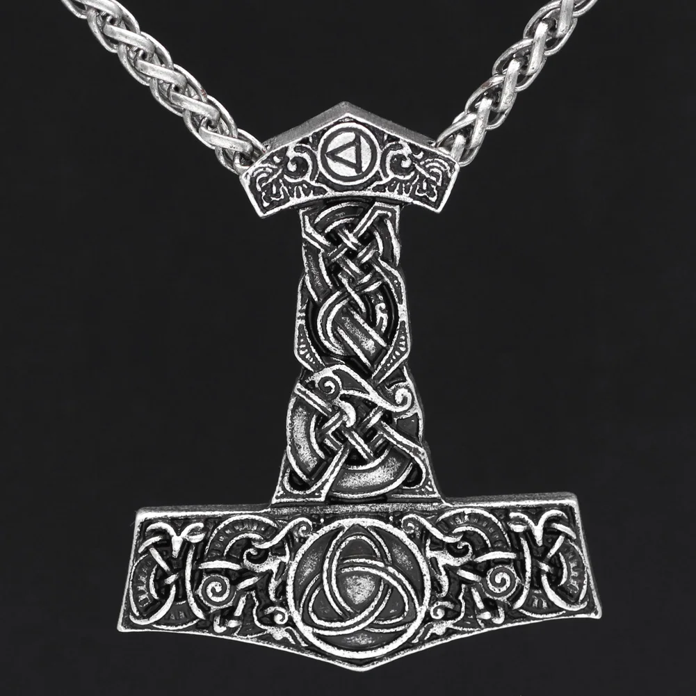 

Youe Shoe Men Viking Rune Thor Hammer Amulet Hammer Scandinavian Odin Symbol Knot Necklace Metal Chain Double Side