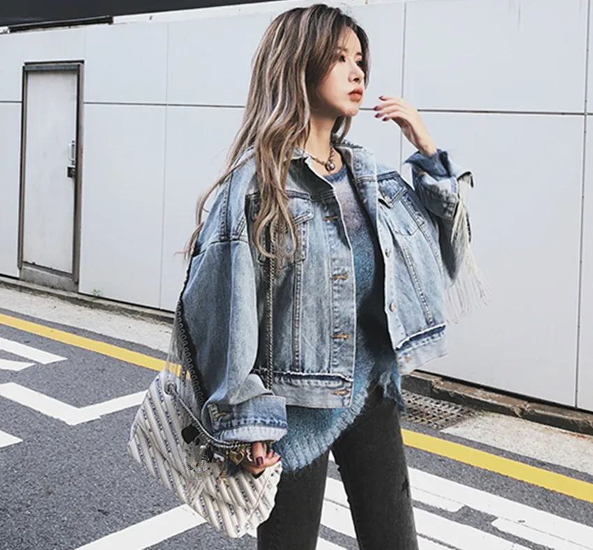 HAMALIEL Women Denim Long Batwing Sleeve Jacket Spring Beading Tassle Short Loose Girl Jeans Coats Fashion Harajuku Outerwear HAMALIEL Women Denim Long Batwing Sleeve Jacket Spring Beading Tassle Short Loose Girl Jeans Coats Fashion Harajuku Outerwear