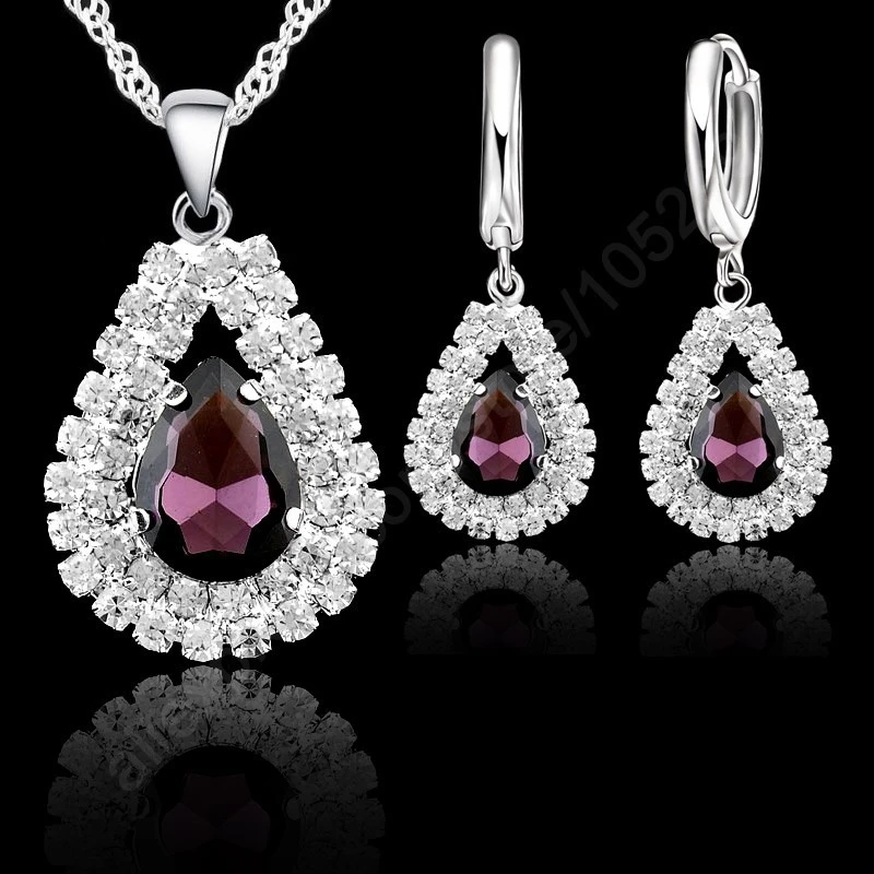 

Fancy Waterdrop Pendant Necklace Earrings 925 Sterling Silver High Quality Crystals Jewelry Set Women Wedding Bijoux