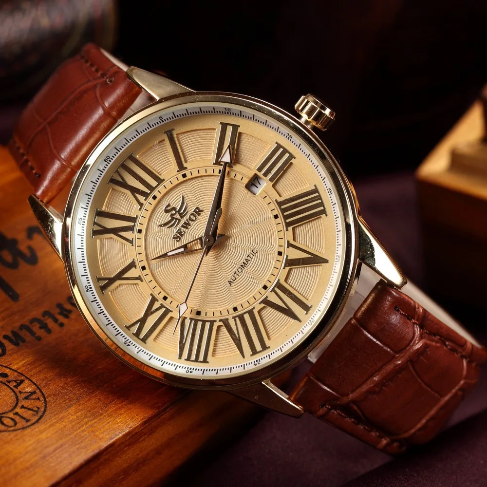 

SEWOR Luxury Brand Men Mechanical Hand Wind Watch Retro Gold Roman Numeral Brown Leather Strap Clock Male Casual Automatic Watch