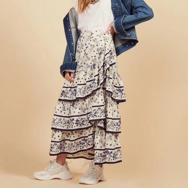 

women multi-layer ruffles long skirt 2019 summer new high waist floral print irregular skirt