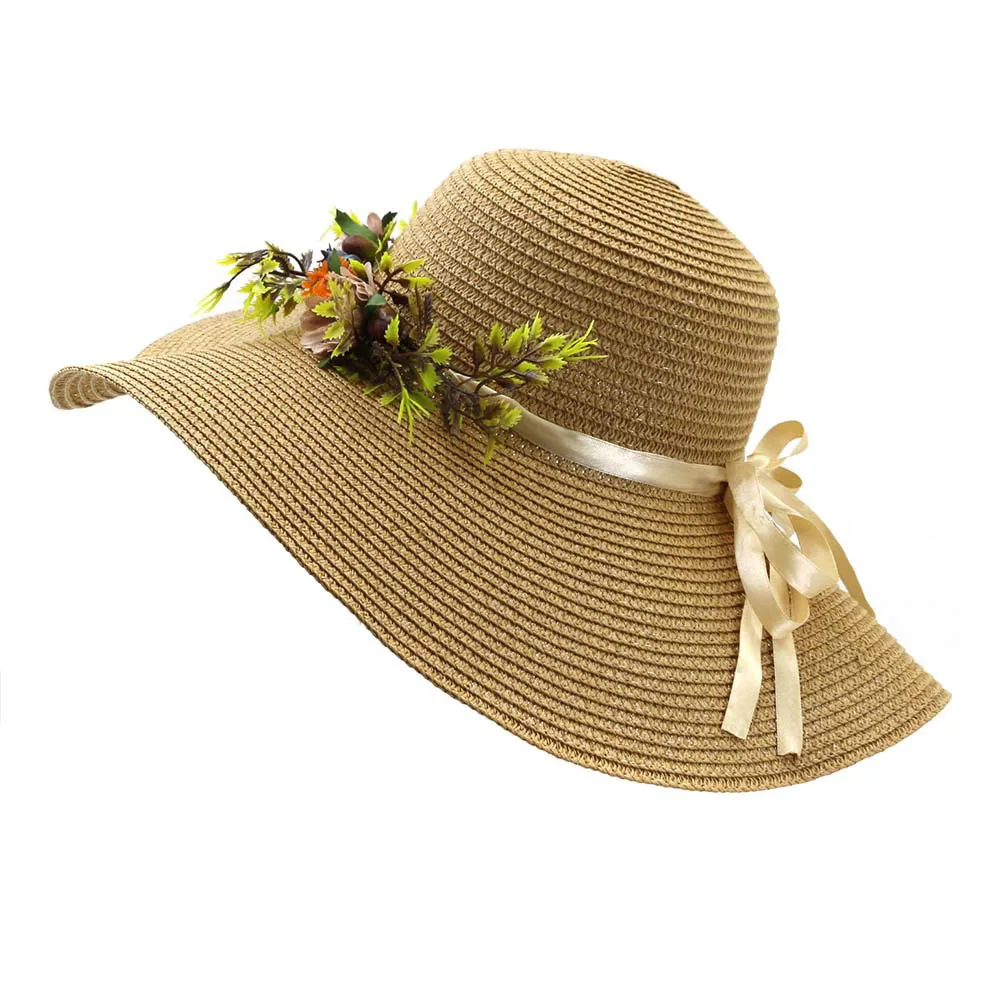 بوهيميا نمط القش قبعة شريط من الساتان ل الصيف النساء قبعات للحماية من الشمس زهرة اصطناعية قبعات لسيدة الظل السفر الشاطئ قبعات قبة قبعة